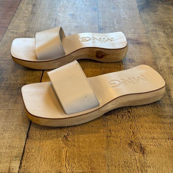 Mango Leather Mules Slides Wood Heel Sole Size 11 Summer Tan Nude - Picture 3 of 10
